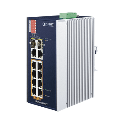 Switch Industrial PoE no administrable de 8 Puertos 10/100TX 802.3at,  Hasta 240 W, Combo TP / SFP Gigabit TP / SFP  (-40 ~ 75 grados C)