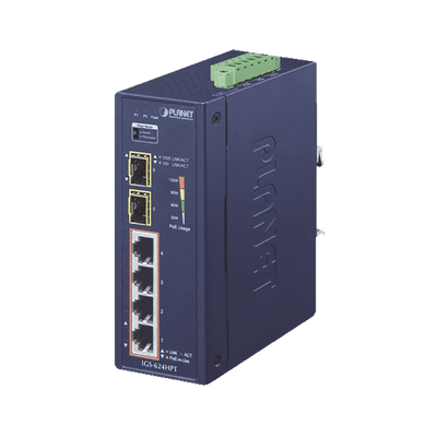 Switch PoE Industrial No Administrable de 4 Puertos PoE 10/100/1000T 802.3at, 2 Puertos SFP 10/1000X