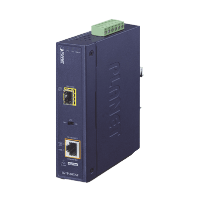 Convertidor de medios industrial PoE+ 1000BASE-SX/LX a 10/100/1000BASE-T 802.3at (mini-GBIC, SFP)