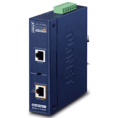 Inyector Industrial, Multi-Gigabit 802.3bt PoE++ / 95W / 2 Puertos RJ45 / 10M/100M/1G/2.5G/5Gbps / IP30 / -40 a 75°C / Montaje en Riel DIN o Pared