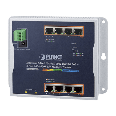 Switch Industrial PoE Administrable de Pared Capa 2, 8 Puertos Gigabit PoE 802.3at y 2 Puertos 100/1000X SFP