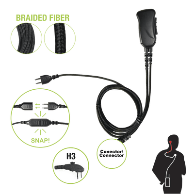 Braided Fiber 1 Cable Lapel Mic W/ Snap Connect for Hytera Connector. Select Different Earphones Not Included