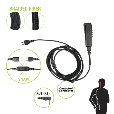 Cable para Micrófono audífono SNAP intercambiable con conector para Radios Kenwood con conector de 2 pines.
