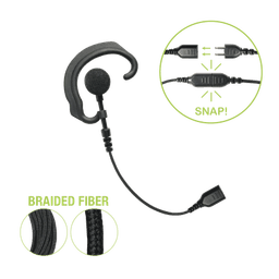 Auricular de gancho para el oído (RESPONDER) con cable de fibra trenzada y conector SNAP. Requiere micrófono de solapa de 1 o 2 hilos de la Serie SNAP.