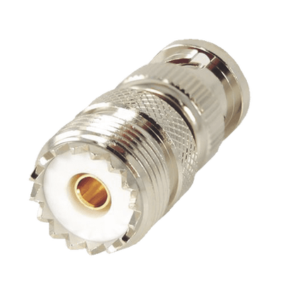 Adaptador en Linea para 50 Ohm, Conector BNC Macho-UHF Hembra (SO-239), Níquel/ Oro/ Delrin.