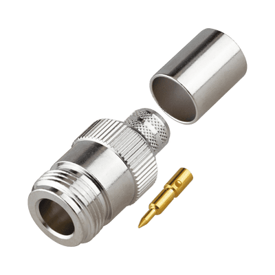 Conector N Hembra Inverso de Anillo Plegable para Cables 9913, RG-8/U, LMR-400, Grupo I, Níquel/ Oro/ Teflón.