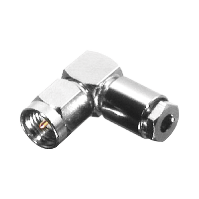 Conector SMA Macho en Ángulo Recto, de Rosca para RG-174/U, Grupo B, Níquel/ Oro/ Teflón.​