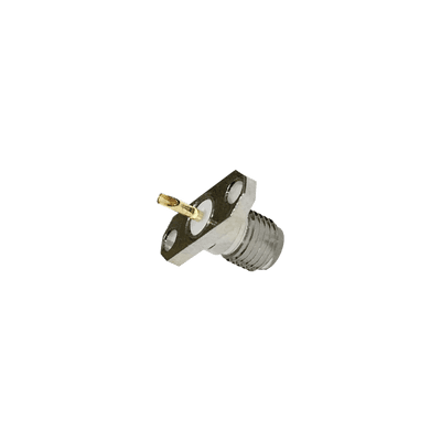 Conector SMA Hembra de Montaje en Panel para 2 Perforaciones y PIN Soldable, Requiere Capucha, Níquel/ Oro/ Teflón.