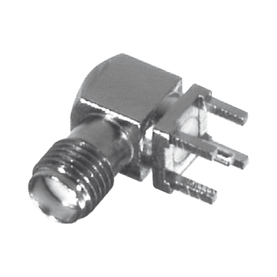 Conector SMA Hembra en Ángulo Recto con Terminal y 4 Patas para Montaje PCB, Níquel/ Oro/ Teflón.​