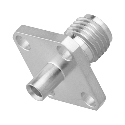 Conector SMA Hembra, 4 Hoyos en Panel de 13 mm, Soldable en Cable Semi-Rígido de 0.047" Diámetro, Grupo SR0, Oro/ Oro/ Teflón.