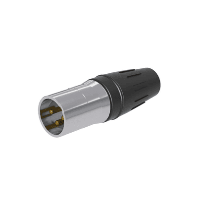 CONECTOR MACHO XLR DE 3 NÚCLEOS CON CARCASA DE ACERO INOXIDABLE Y CONTACTOS CHAPADOS EN ORO