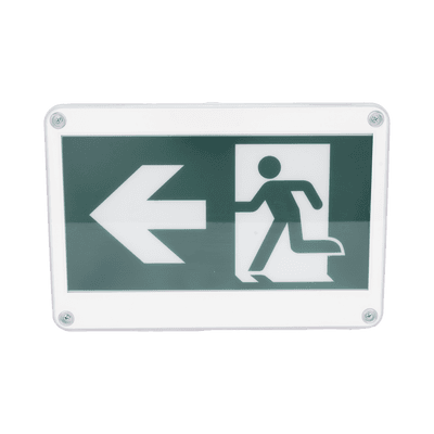 Letrero EXTERIOR de Señalización salida "Hombre Corriendo"/ Alto brillo / Uso en pared, lateral o techo / Batería de Respaldo Incluida con hasta 120 minutos de duración 