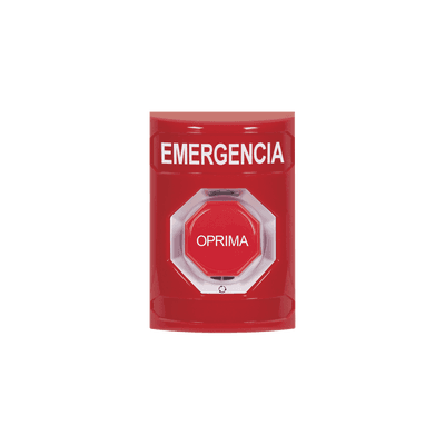 Botón de Emergencia, Texto en Español, Color Rojo, Acción Mantenida, Girar para Restablecer y LED Multicolor