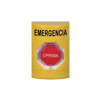 Botón de Emergencia en Español, Color Amarillo, Acción Mantenida, Girar para Restablecer y LED Multicolor