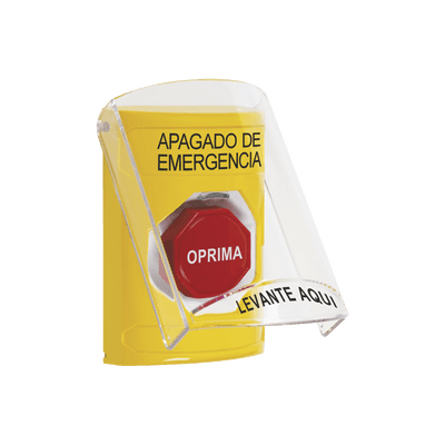 Botón de Apagado de Emergencia, Texto en Español, Tapa Protectora de Policarbonato Súper Resistente, Restablecimiento con Llave