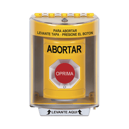 Botón de Abortar, Texto en Español, Tapa Protectora de Policarbonato Súper Resistente, Girar para restablecer