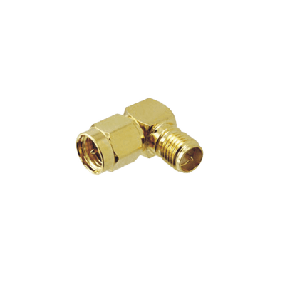 Adaptador en Ángulo Recto, de Conector SMA Macho a SMA Hembra Inverso, Oro/ Oro/ Teflón.