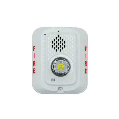 Sirena con Lámpara LED Estroboscópica / a 2 Hilos / Montaje en Pared / 12 o 24 Vcd / Configuración Estroboscópica Seleccionable / Texto en Inglés / Color Blanca 