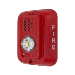 Sirena con Lámpara LED Estroboscópica / a 2 Hilos / Montaje en Pared / 16 a 24 Vcd / Configuración Estroboscópica Seleccionable / Texto en Inglés / Color Rojo 