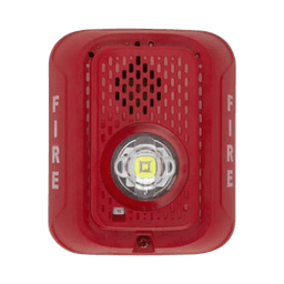 Sirena con Lámpara LED Estroboscópica / a 2 Hilos / Montaje en Pared / 16 a 24 Vcd / Configuración Estroboscópica Seleccionable / Texto en Inglés / Color Rojo 
