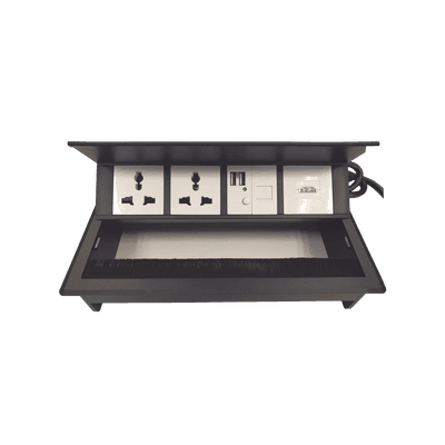 Caja Horizontal tipo Hub para escritorio color negro, con 1 Puerto HDMI Hembra-Hembra, 1 puerto RJ45 Cat6,  2 Puertos USB (Solo carga),  y 2 Contactos eléctricos universales