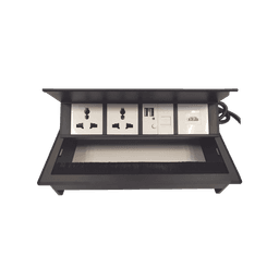 Caja Horizontal tipo Hub para escritorio color negro, con 1 Puerto HDMI Hembra-Hembra, 1 puerto RJ45 Cat6,  2 Puertos USB (Solo carga),  y 2 Contactos eléctricos universales