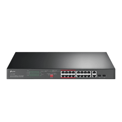 Switch PoE+ No Administrable de 16 puertos 10/100 Mbps / 2 puertos 10/100/1000 Mbps en Combo con 2 Puertos SFP / Presuuesto PoE 250 W / Extensor PoE de hasta 250 metros