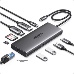 HUB USB-C (Docking Revodok Pro 210) 10 en 1 | 2 Puertos HDMI 8K,4K@60Hz | 3 USB-A | USB-C (5Gbps) | USB-C PD Carga 100W | RJ45 (Gigabit Ethernet) | Lector Tarjetas SD + Micro SD (TF) Simultáneo | Carcasa de Aluminio.