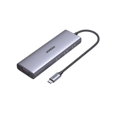 HUB USB-C (Docking Station) 9 en 1 | 3 USB-A 3.0 | USB-C PD Carga 100W | HDMI 4K@30Hz | RJ45 (Gigabit Ethernet) | VGA | Lector Tarjetas SD + Micro SD (TF) Uso Simultáneo | Chip de Última Generación | Caja de Aluminio.