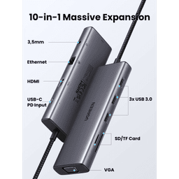 Hub USB-C 10 en 1 / HDMI 4K@30Hz + VGA 1920x1200 / 3x USB 3.0 5Gbps / Ethernet Gigabit / SD/TF Card Reader / PD 100W / Audio 3.5mm / Doble Pantalla Simultánea / Plug & Play Universal