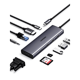 Hub USB-C 10 en 1 / HDMI 4K@30Hz + VGA 1920x1200 / 3x USB 3.0 5Gbps / Ethernet Gigabit / SD/TF Card Reader / PD 100W / Audio 3.5mm / Doble Pantalla Simultánea / Plug & Play Universal