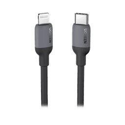 Cable USB-C a Lightning / Certificado MFi / 1 Metro / Adecuado para iPhone, iPad, iPod / Carga Rápida PD 20W /  Sincronización de Datos de hasta 480 Mbps / Goma de Silicona y  TPE. / Suave al Tacto / Color Negro 