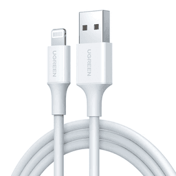 Cable USB-A a Lightning | 1 Metro | Certificado MFi | Carga Rápida 5V/2.4 A| 480 Mbps | PD | Conector C89 | Adecuado para iPhone, iPad y iPod | Protección Integrada | Caja de ABS | Cubierta de TPE | Color Blanco.