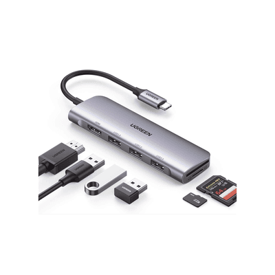 HUB USB-C (Docking Station) 6 en 1 | HDMI 4K@30Hz | 3 Puertos USB 3.0 | Lector Tarjeta SD + Micro SD (TF) Uso Simultáneo | Chip de Última Generación | Potente Disipación de Calor |  Caja de Aluminio.