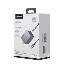 Cargador de 65W serie Nexode Pro | 3 Puertos de Carga Rápida | 2 USB-C | 1 USB-A | Tecnología GaNInfinity | PD3.1 de 65W / QC4.0 | Tecnología de Protección Térmica | Optimiza la Carga | Caja de Aluminio | Incluye Cable U