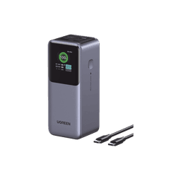 Power Bank de 20000mAh | 3 Salidas 130W Max. | USB-A + 2 USB-C | PD 3.0 | QC3.0 | FCP | SCP | Pantalla Inteligente | Carcasa Ignifuga | Color Gris | Incluye Cable USB de 50cm | Carga tu Laptop de Manera Segura.