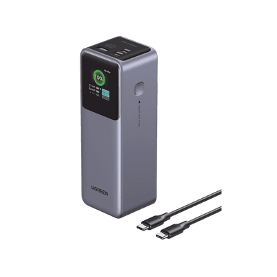 Power Bank de 20000mAh | 3 Salidas 100W Max. | USB-A + 2 USB-C | PD 3.0 | QC3.0 | FCP | SCP | Pantalla Inteligente | Carcasa Ignifuga | Color Gris | Incluye Cable USB de 50cm | Carga tu Laptop de Manera Segura.
