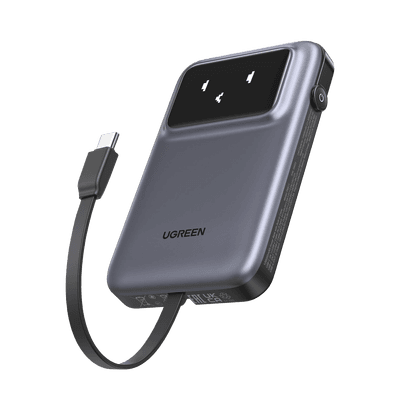 Power Bank Serie Uno |  10000mAh | 30W |  con Cable USB-C Incorporado | 2 Salidas 30W Max. | Pantalla Inteligente | Carcasa Ignifuga | Aprobado por Aerolíneas.| Color Grey.
