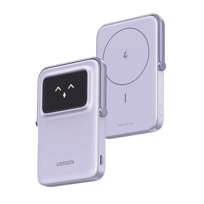 Power Bank Inalambrico | 5000mAh | 7.5W  |  Con Emojis de Estado | Carga Rápida USB-C Bidireccional  | Pantalla TFT  Inteligente | 13 niveles de Proteccion | Con Holder | Color Purple.