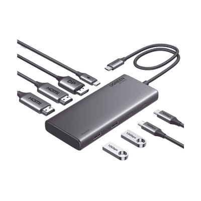 HUB USB-C (Docking Revodok 308) 8 en 1 | 2 Puertos HDMI 4K@60Hz | 1 Puerto DisplayPort 4K@60Hz 2 USB-A 10Gbps) | 2 USB-C (10Gbps) | USB-C PD Carga 100W | Chip de Ultima Generacion | Carcasa de Aluminio.