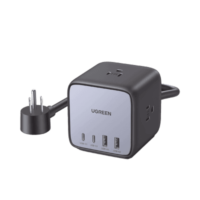 Multicontacto de Escritorio USB y Tomacorriente / 2 Puertos USB-C / 2 Puertos USB-A / 3 Tomacorriente de CA / Tecnología GaN II / USB 65W PD / Carga Rápida / Diseño Innovador en Forma de Cubo / Interruptor de Apagado.