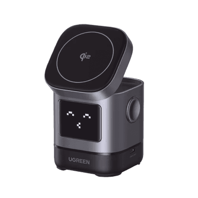 Cargador Inalámbrico Robot 2 en 1 UGREEN Qi2 / 15W Ultra Rápido para iPhone / 5W para AirPods / Pantalla Inteligente con Expresiones / Imanes N48H / Puerto USB-C 5W para Apple Watch / Compatibilidad MPP