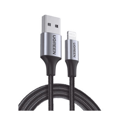 Cable USB-A a Lightning | 1 Metro | Certificado MFi | Carga Rápida 5V/2.4 A | 480 Mbps | Conector C94 | Adecuado para iPhone, iPad y iPod | Protección Integrada | Caja de Aluminio | Nylon Trenzado | Color Negro.