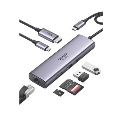 HUB USB-C (Docking Station) 7 en 1 | 2 USB-A 3.0 (5Gbps) | 1 USB-C PD Carga 100W | HDMI 4K@60Hz | RJ45 (Gigabit Ethernet) | Lector Tarjetas SD + Micro SD (TF) Uso Simultáneo | Cable de Nylon Trenzado | Caja de Aluminio.