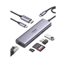 HUB USB-C (Docking Station) 7 en 1 | 2 USB-A 3.0 (5Gbps) | 1 USB-C PD Carga 100W | HDMI 4K@60Hz | RJ45 (Gigabit Ethernet) | Lector Tarjetas SD + Micro SD (TF) Uso Simultáneo | Cable de Nylon Trenzado | Caja de Aluminio.