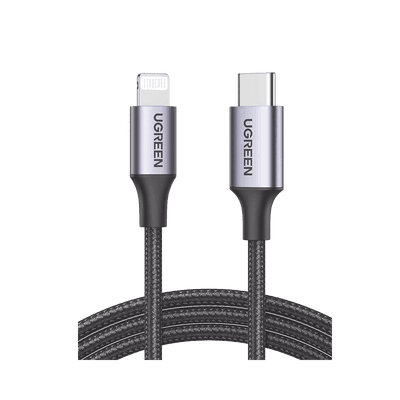 Cable USB-C a Lightning | 1 Metro | Certificado MFi | Carga Rápida 60W | 480 Mbps | Conector C94 | Adecuado para iPhone, iPad y iPod | Protección Integrada | Caja de Aluminio | Nylon Trenzado | Color Negro.