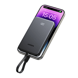 Power Bank / 10000 mAh / 37 Wh / Salida USB-C PD 20W / Salida USB-A SCP 22.5W / Cable USB-C Integrado / Indicador Digital LED