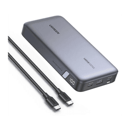 Power Bank de 25000mAh | 3 Salidas 145W Max. | USB-A + 2 USB-C | PD 3.0, QC3.0 | FCP | SCP | Pantalla Inteligente | Carcasa Ignifuga | Color Gris | Incluye Cable USB de 50cm | Carga tu Laptop de Manera Segura.