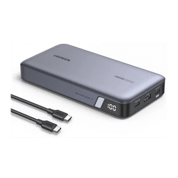 Power Bank de 25000mAh | 3 Salidas 145W Max. | USB-A + 2 USB-C | PD 3.0, QC3.0 | FCP | SCP | Pantalla Inteligente | Carcasa Ignifuga | Color Gris | Incluye Cable USB de 50cm | Carga tu Laptop de Manera Segura.