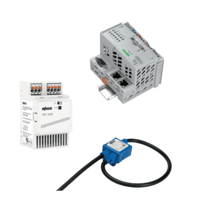 Sistema de Medición y Control de Potencia / 3 Fases 690 VAC / Controlador PFC200 / Fuente Conmutada 24VDC / Módulo Conmutador 16A / Terminales Fusibles / Rail DIN 35x7.5 mm